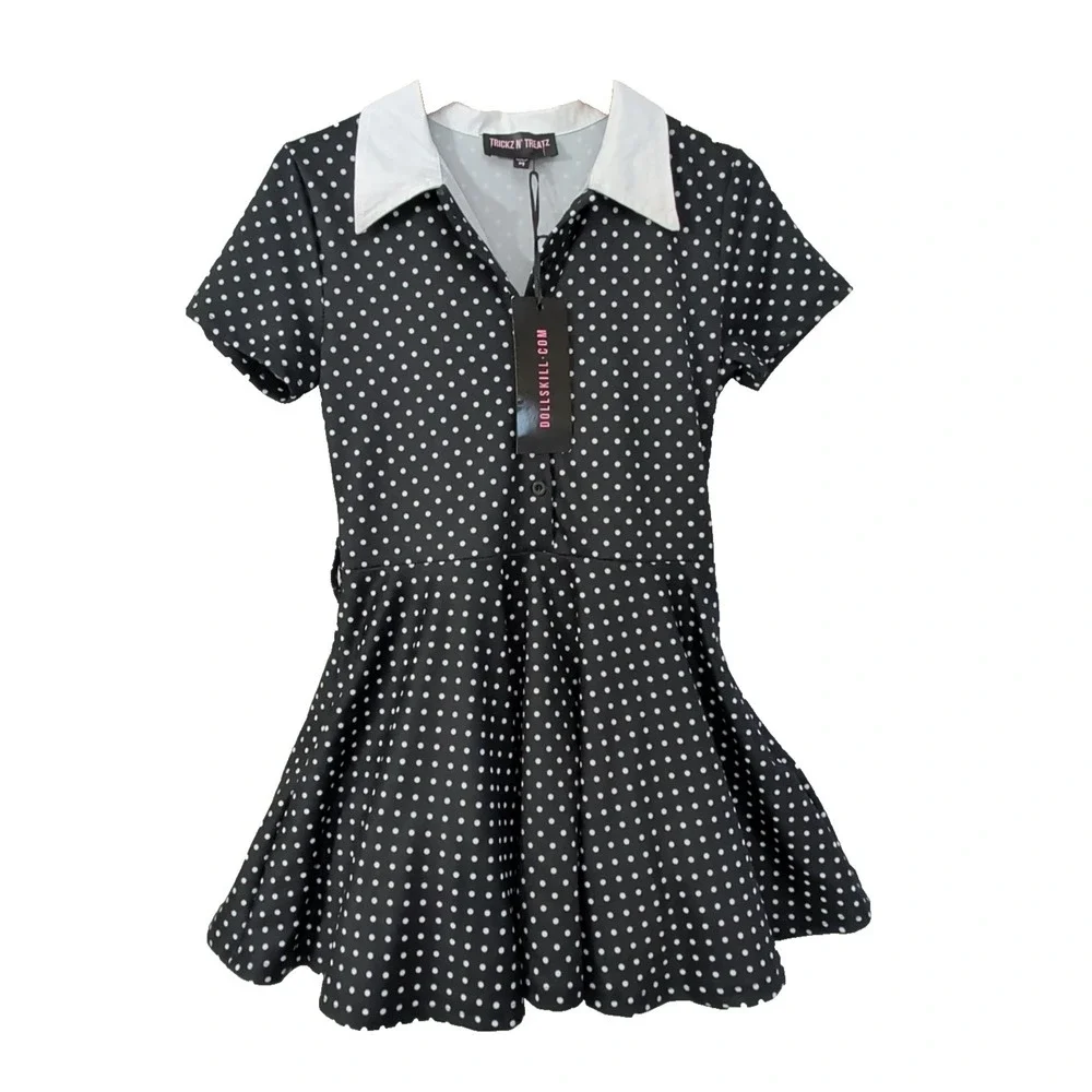 Dolls Kill Trickz N Treatz Whimsigoth Rockabilly Dress M Black Polkadot Retro